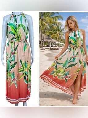 Trina Turk Costa De Prata Halter Maxi Cover-Up Dress Size S Floral Resort NWT